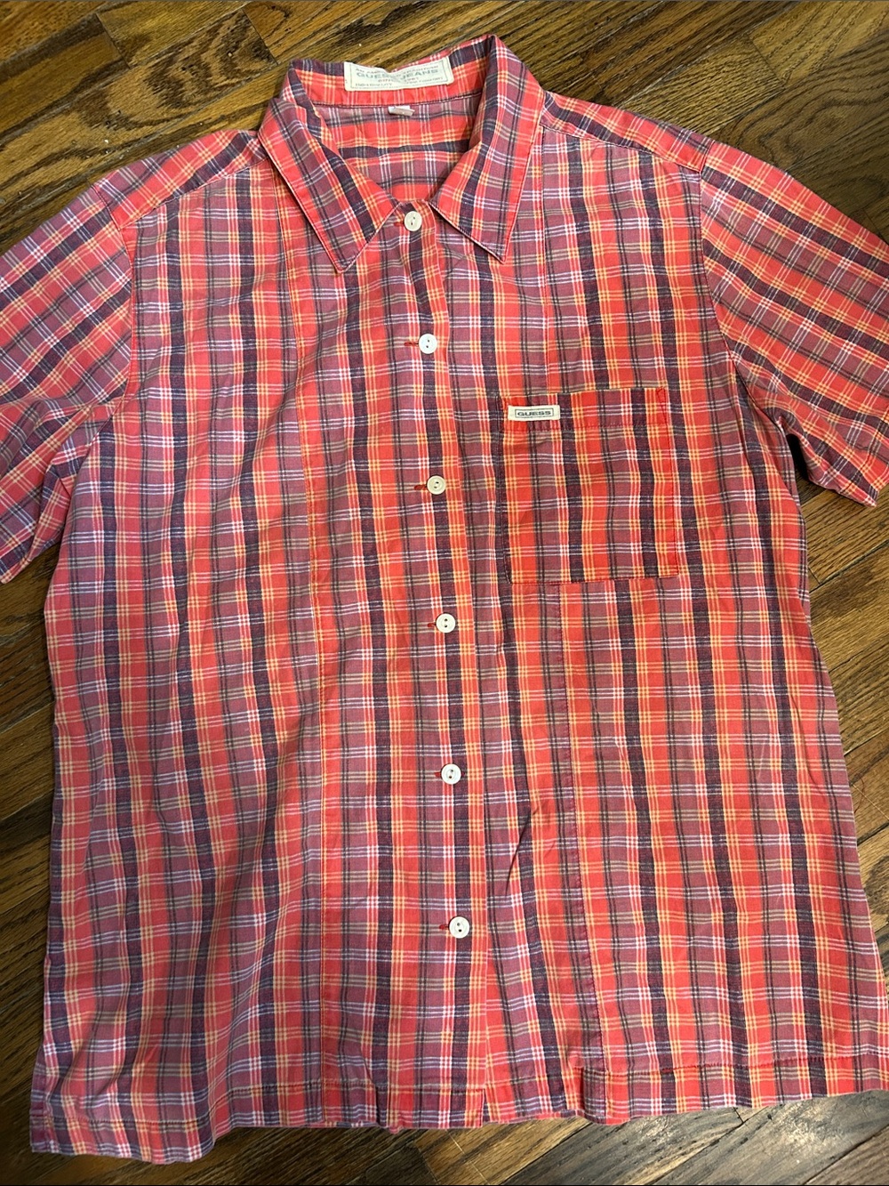 GUESS JEANS Madras Plaid Vintage Women’s Short-Sleeve Shirt - Red